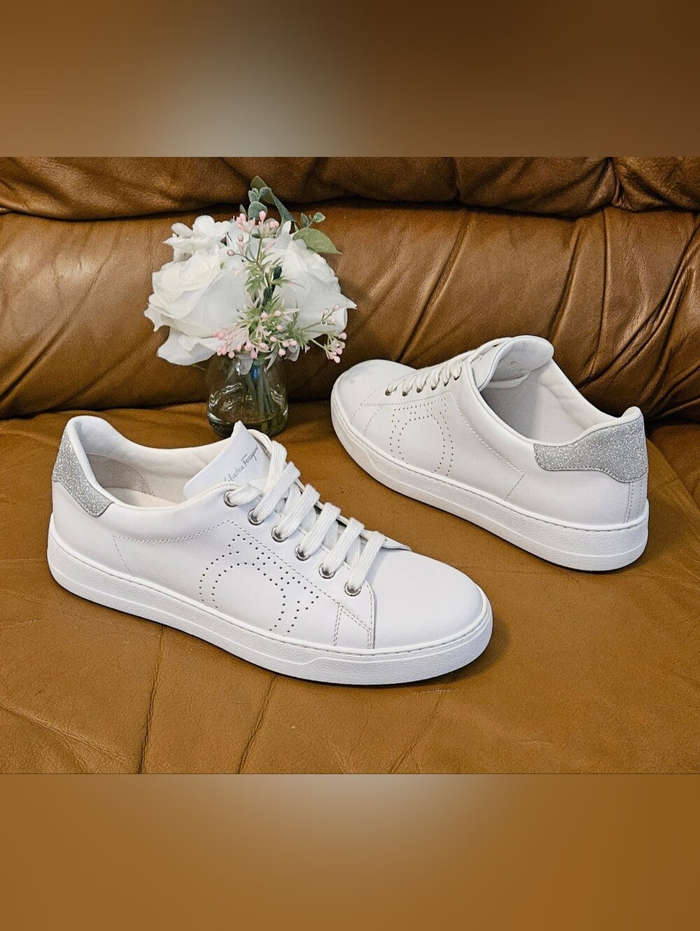 Women's Salvatore Ferragamo White Leather Silver Glitter Size 8.5